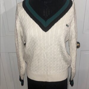 Lacoste Women's V-Neck Sweater in Cream and Green unisex